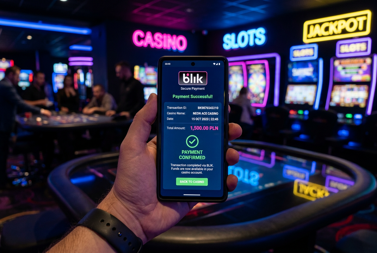 Smartphone displaying a secure BLIK payment confirmation in a neon casino environment