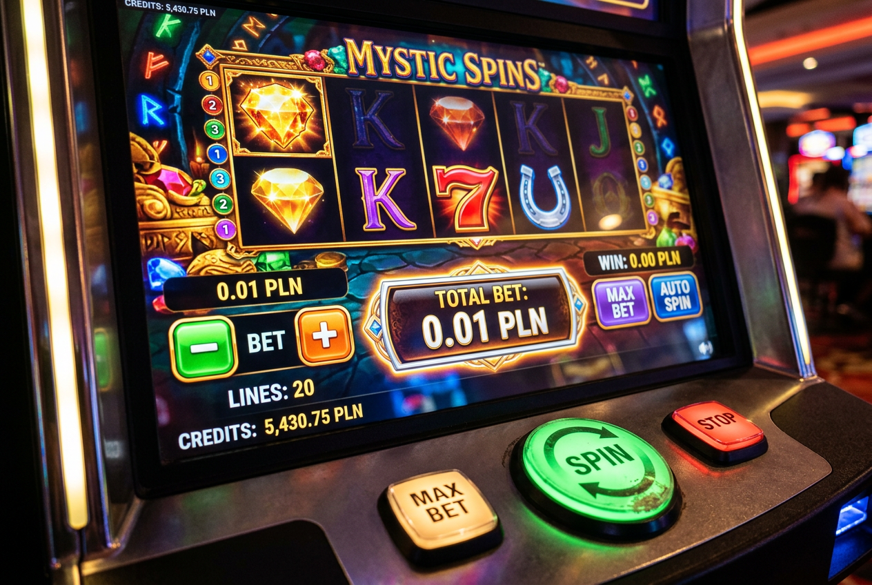 Slot machine interface showing a 0.01 PLN bet in Book of Dead